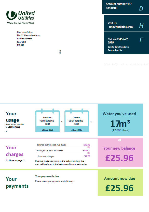 United Kingdom United Utilities utility bill template in Word and PDF formats